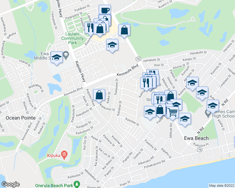 map of restaurants, bars, coffee shops, grocery stores, and more near 91-1021 Kaiko Street in Ewa Beach
