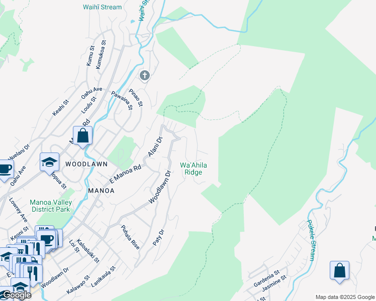 map of restaurants, bars, coffee shops, grocery stores, and more near 3634 Woodlawn Terrace Place in Honolulu