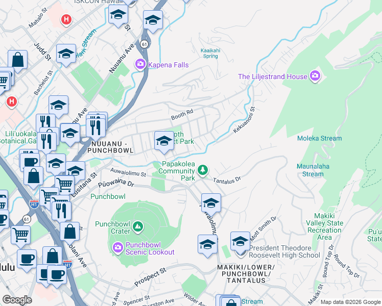 map of restaurants, bars, coffee shops, grocery stores, and more near 2401A Pauoa Road in Honolulu