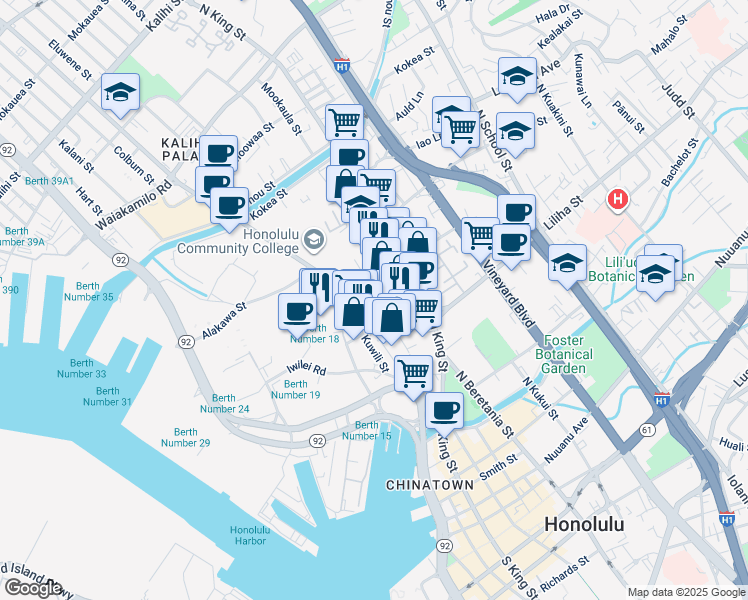 map of restaurants, bars, coffee shops, grocery stores, and more near 940 Akepo Lane in Honolulu