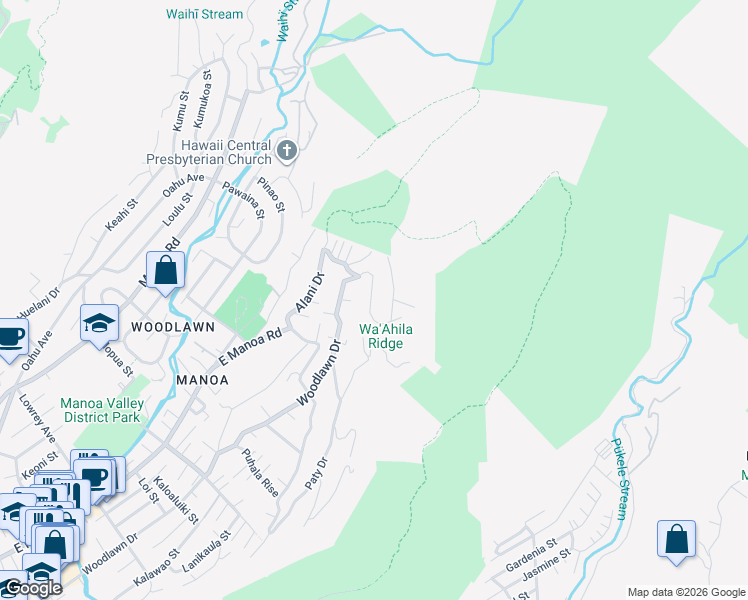 map of restaurants, bars, coffee shops, grocery stores, and more near 3634 Woodlawn Terrace Place in Honolulu