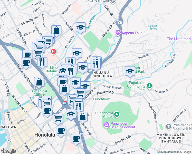 map of restaurants, bars, coffee shops, grocery stores, and more near 127 Kaloko Lane in Honolulu
