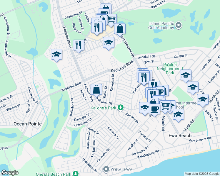 map of restaurants, bars, coffee shops, grocery stores, and more near 91-1021 Kaiko Street in Ewa Beach