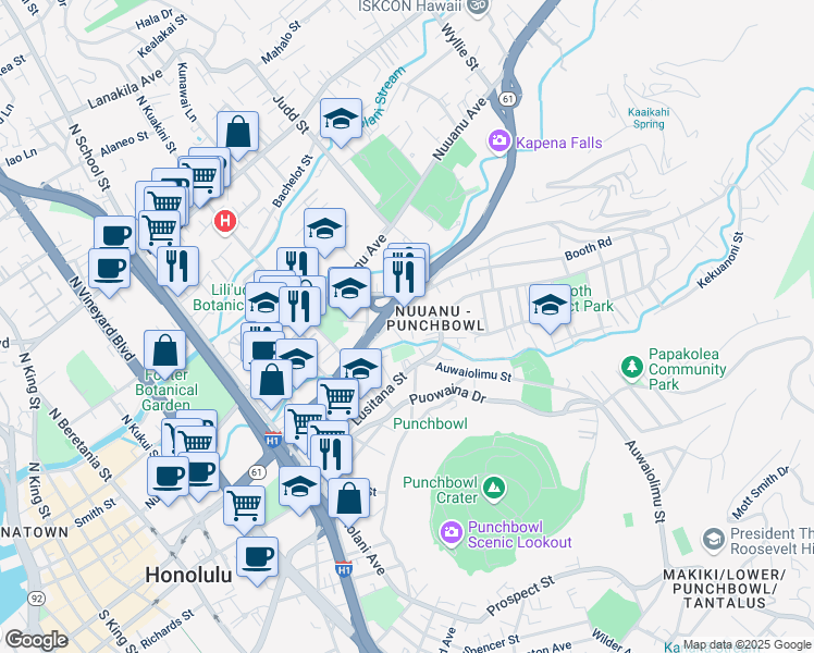 map of restaurants, bars, coffee shops, grocery stores, and more near 1951 Pacific Heights Road in Honolulu