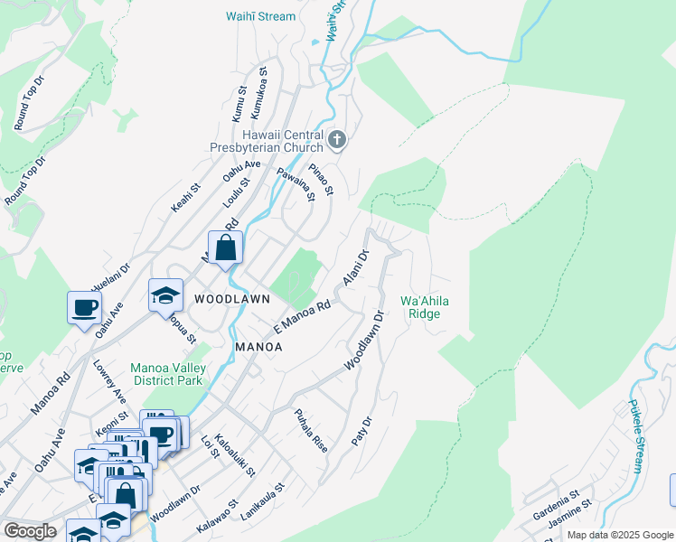 map of restaurants, bars, coffee shops, grocery stores, and more near 3515 Akaka Place in Honolulu