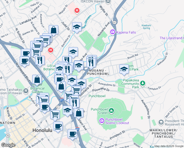 map of restaurants, bars, coffee shops, grocery stores, and more near 1951 Pacific Heights Road in Honolulu