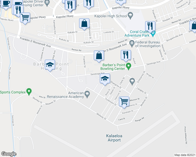 map of restaurants, bars, coffee shops, grocery stores, and more near 293 Saratoga Circle in Kapolei