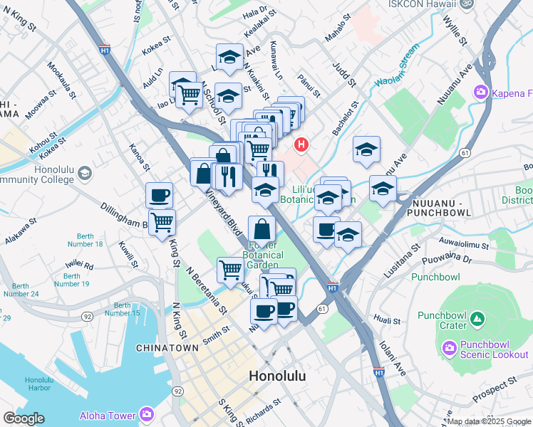 map of restaurants, bars, coffee shops, grocery stores, and more near 1486 Aala Street in Honolulu