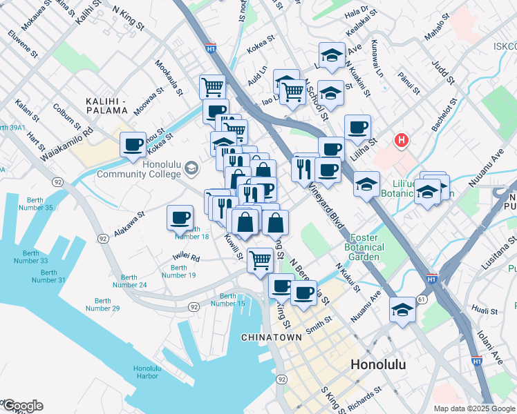 map of restaurants, bars, coffee shops, grocery stores, and more near 639 North King Street in Honolulu