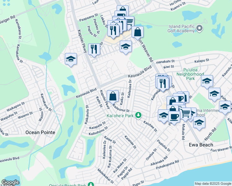map of restaurants, bars, coffee shops, grocery stores, and more near Kaikane Street in Ocean Pointe