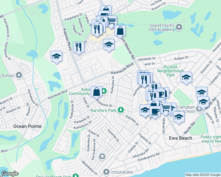 map of restaurants, bars, coffee shops, grocery stores, and more near 91-1021 Kaiko Street in Ewa Beach