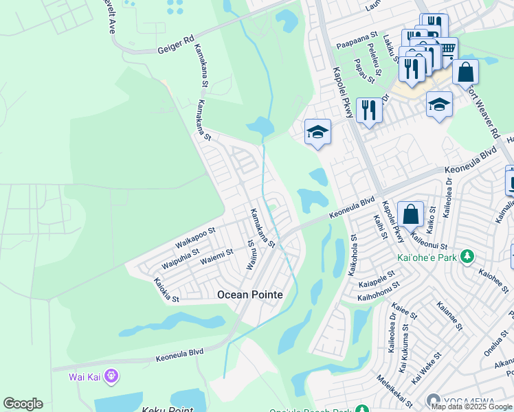 map of restaurants, bars, coffee shops, grocery stores, and more near 91-1100 Waikapuna Street in Ewa Beach