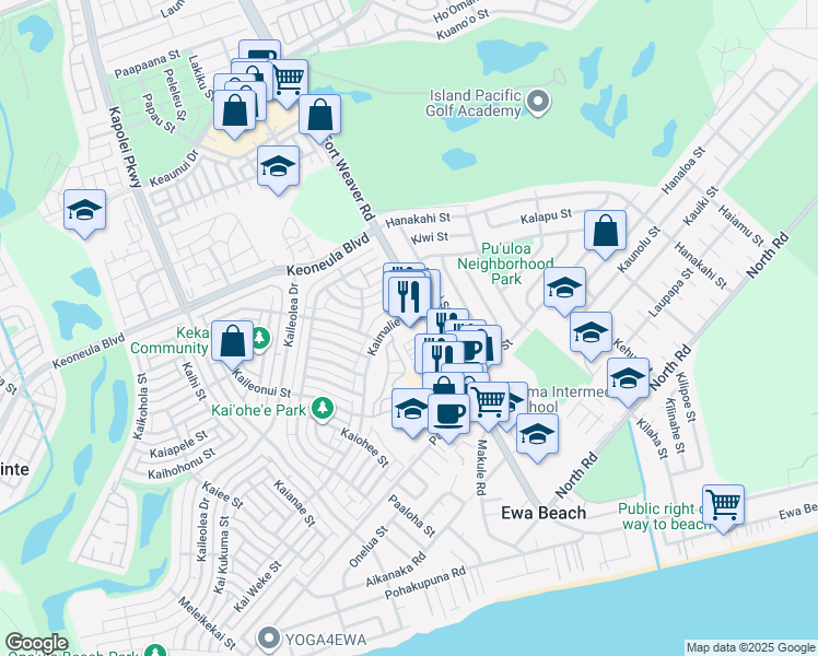 map of restaurants, bars, coffee shops, grocery stores, and more near 91 Kaimalie Street in Ewa Beach