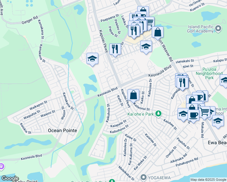 map of restaurants, bars, coffee shops, grocery stores, and more near 91-1191 Keoneula Boulevard in Ewa Beach