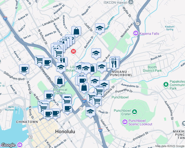 map of restaurants, bars, coffee shops, grocery stores, and more near Nuuanu Ave & N Kuakini St in Honolulu