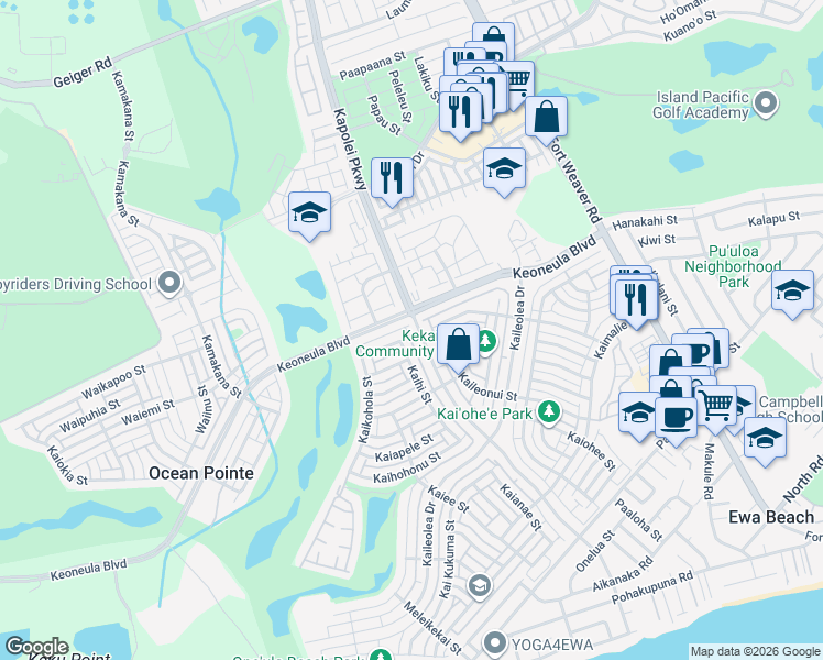 map of restaurants, bars, coffee shops, grocery stores, and more near 91-6410 Kapolei Parkway in Ewa Beach