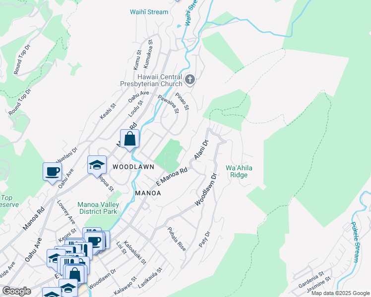 map of restaurants, bars, coffee shops, grocery stores, and more near 3496 Akaka Place in Honolulu