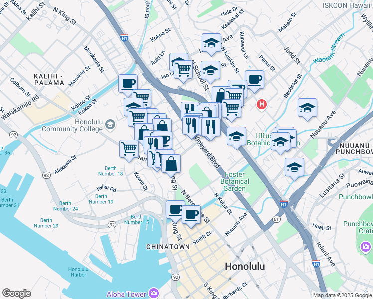 map of restaurants, bars, coffee shops, grocery stores, and more near 1320 Liliha Street in Honolulu