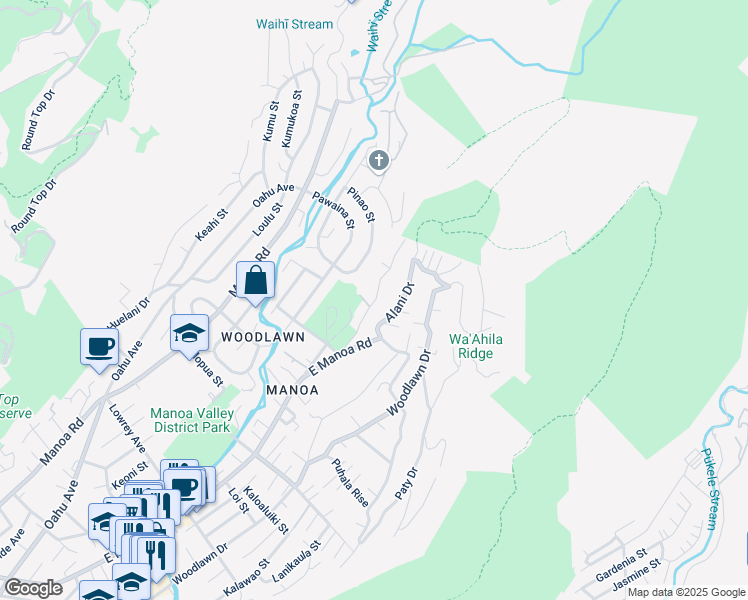 map of restaurants, bars, coffee shops, grocery stores, and more near 3502 Akaka Place in Honolulu
