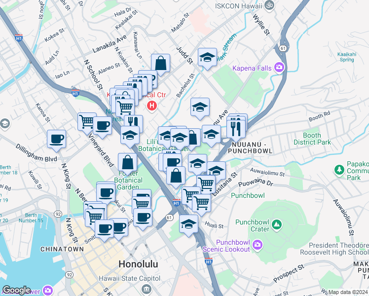 map of restaurants, bars, coffee shops, grocery stores, and more near 1742 Nuuanu Avenue in Honolulu