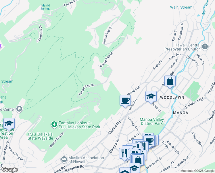 map of restaurants, bars, coffee shops, grocery stores, and more near 3707 Round Top Drive in Honolulu