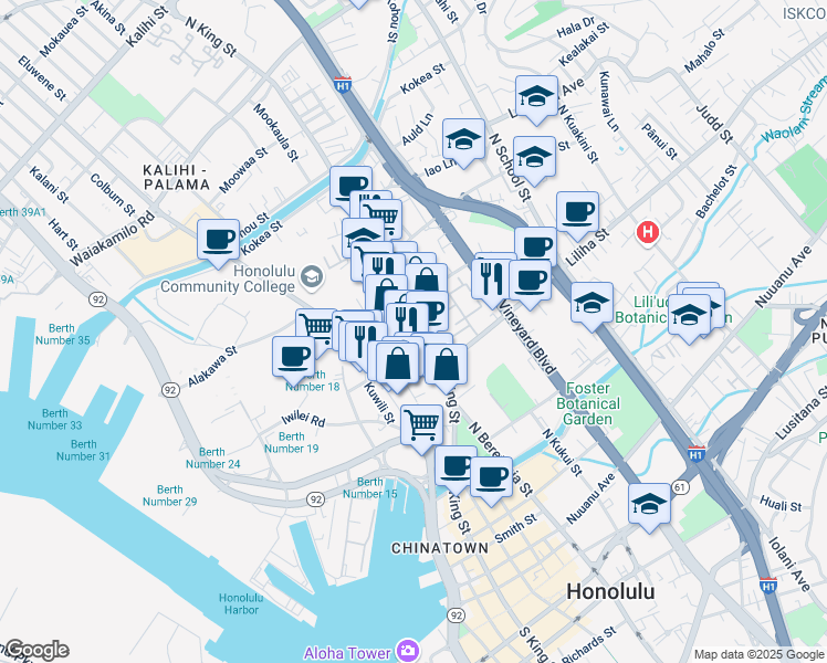 map of restaurants, bars, coffee shops, grocery stores, and more near 639 North King Street in Honolulu