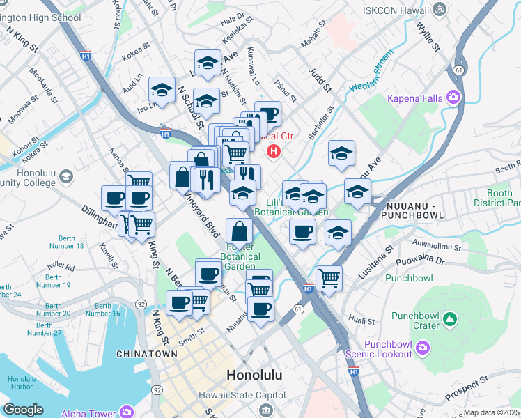 map of restaurants, bars, coffee shops, grocery stores, and more near 286 North School Street in Honolulu