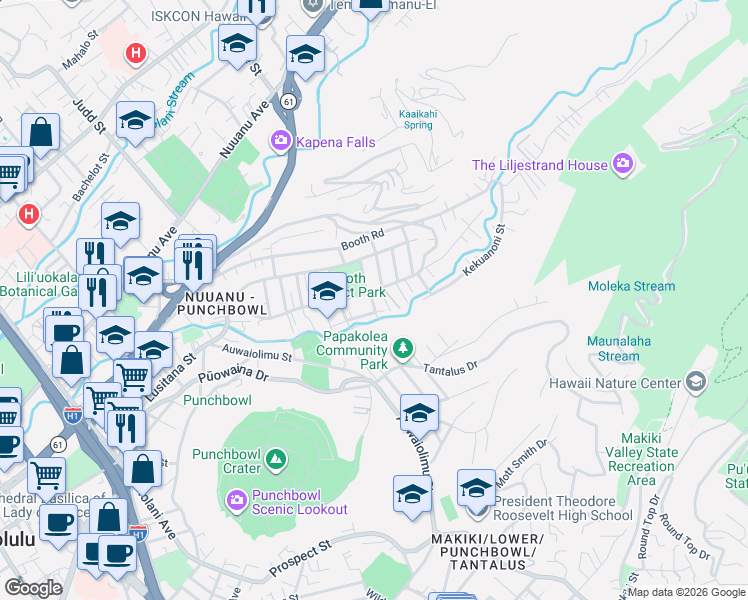 map of restaurants, bars, coffee shops, grocery stores, and more near 2401A Pauoa Road in Honolulu