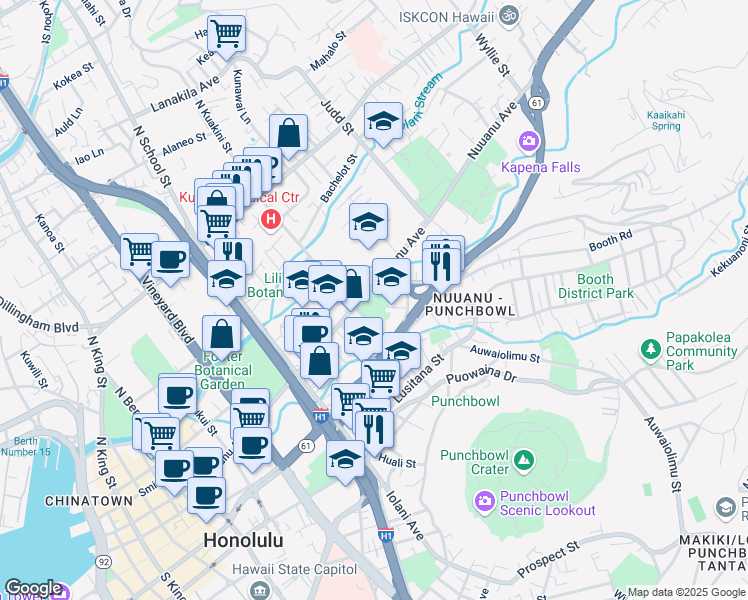map of restaurants, bars, coffee shops, grocery stores, and more near 1901 Pauoa Road in Honolulu