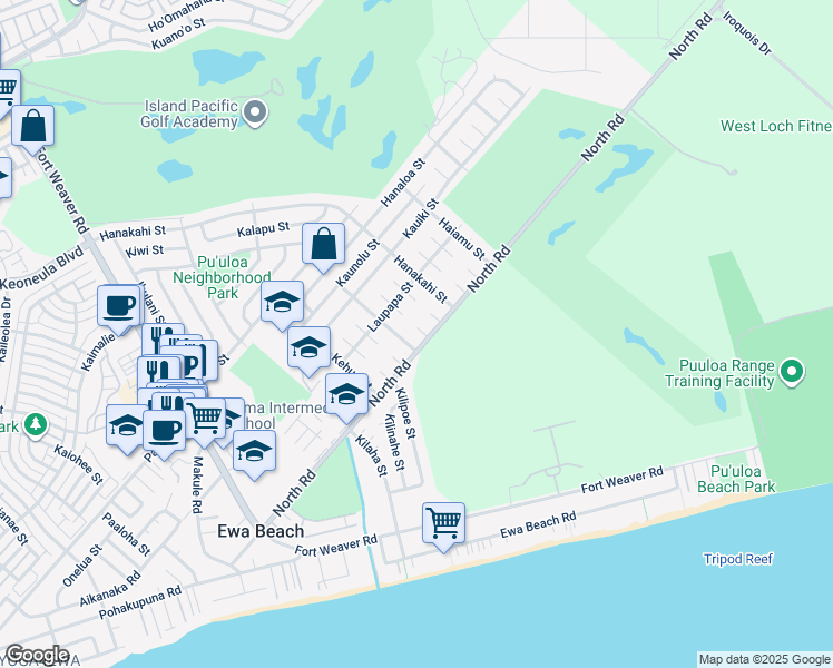 map of restaurants, bars, coffee shops, grocery stores, and more near 91-806 Apai Place in Ewa Beach
