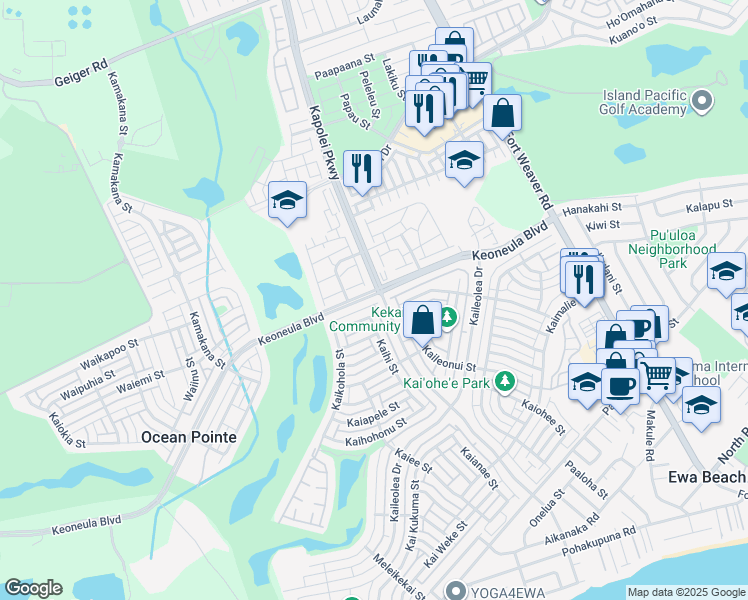 map of restaurants, bars, coffee shops, grocery stores, and more near 91-1191 Keoneula Boulevard in Ewa Beach