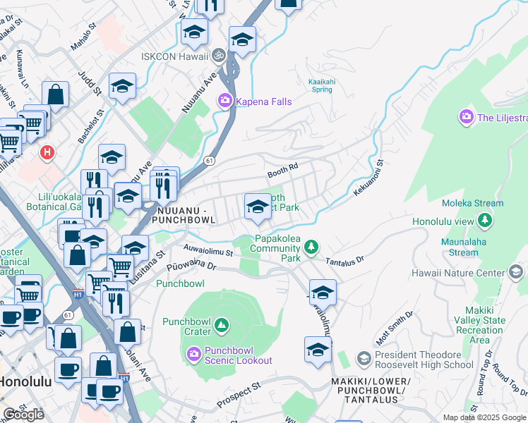 map of restaurants, bars, coffee shops, grocery stores, and more near 2316 Pauoa Road in Honolulu