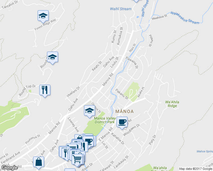 map of restaurants, bars, coffee shops, grocery stores, and more near 3299 Manoa Road in Honolulu