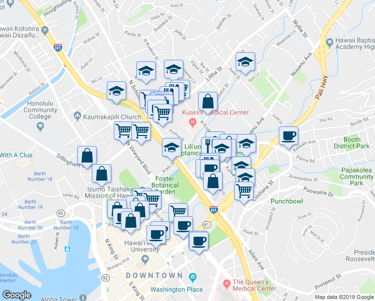 map of restaurants, bars, coffee shops, grocery stores, and more near 1625 Stillman Lane in Honolulu