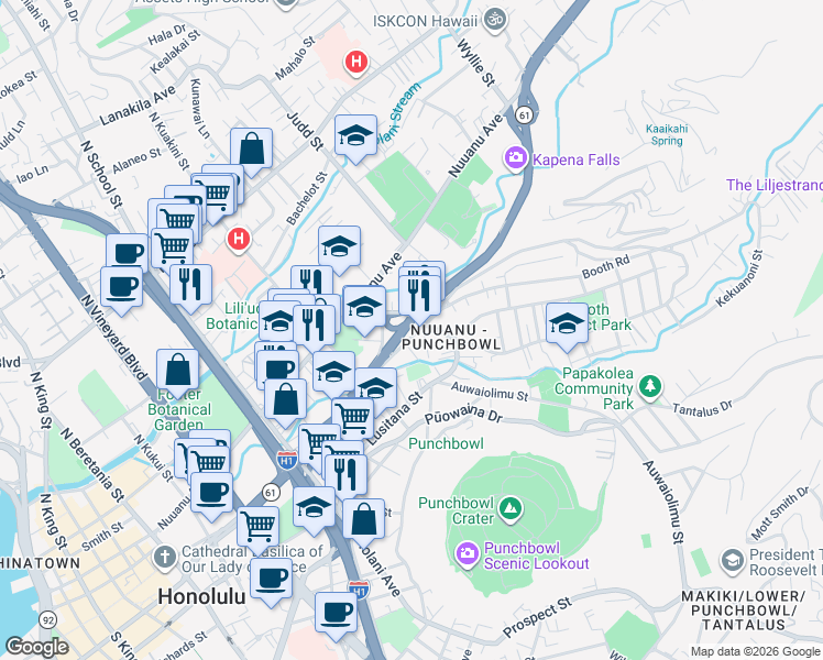 map of restaurants, bars, coffee shops, grocery stores, and more near 1951 Pacific Heights Road in Honolulu