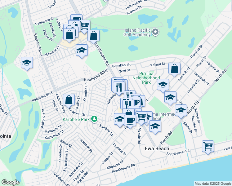 map of restaurants, bars, coffee shops, grocery stores, and more near 91-1042 Kaimalie Street in Ewa Beach