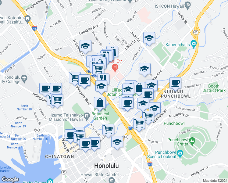 map of restaurants, bars, coffee shops, grocery stores, and more near 1625 Stillman Lane in Honolulu