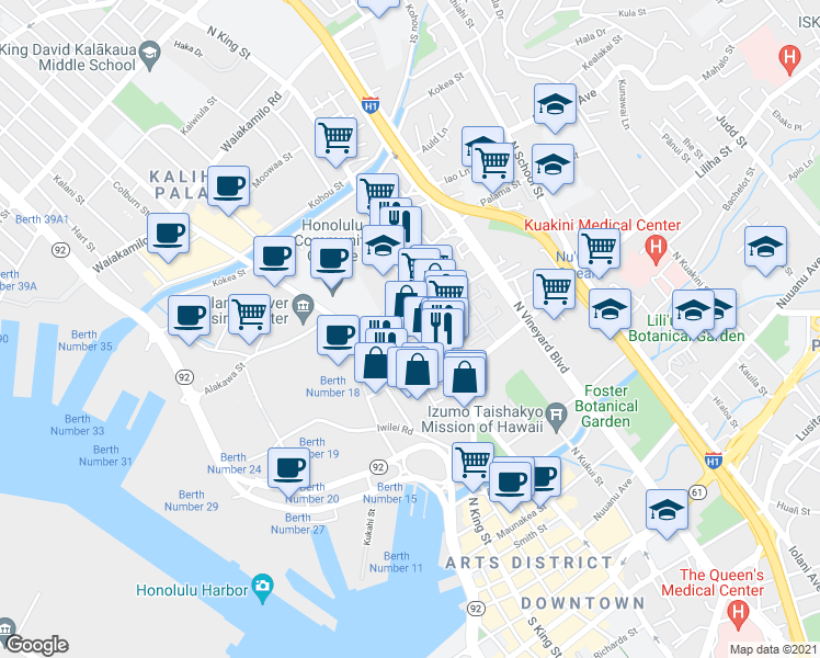 map of restaurants, bars, coffee shops, grocery stores, and more near 639 North King Street in Honolulu