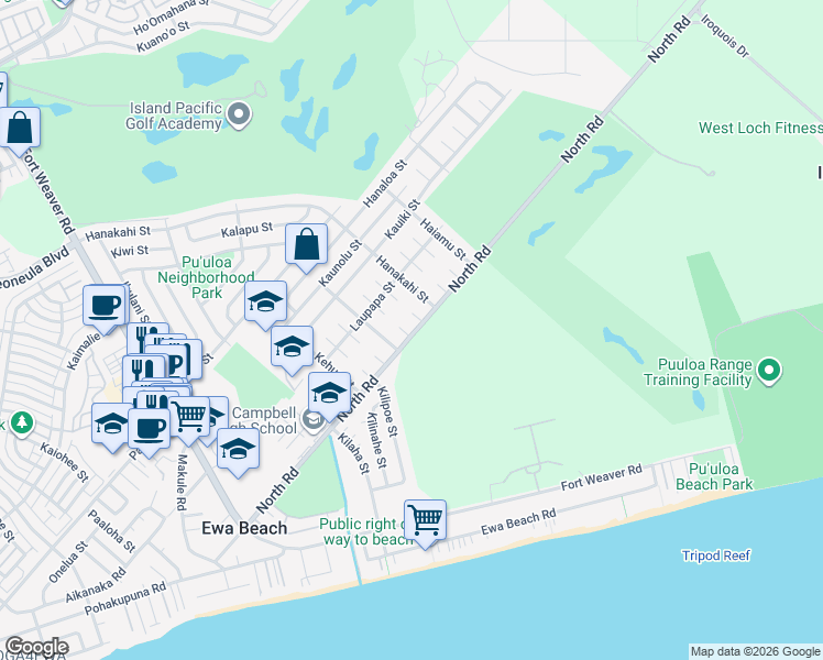 map of restaurants, bars, coffee shops, grocery stores, and more near 91-806 Apai Place in Ewa Beach