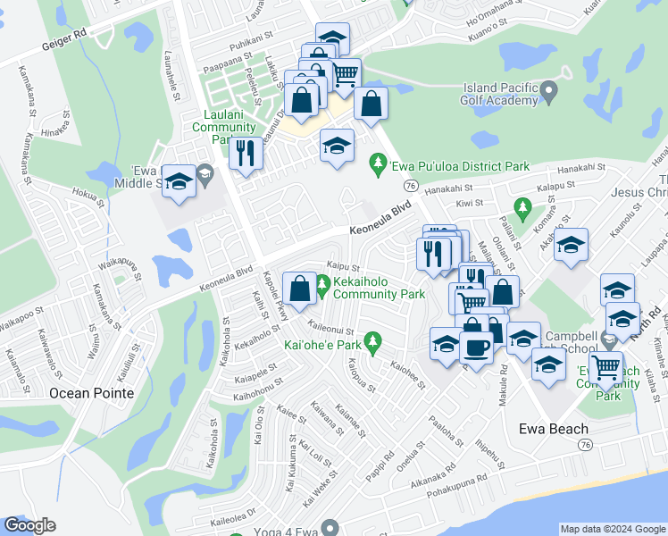 map of restaurants, bars, coffee shops, grocery stores, and more near 91-1021 Kaiko Street in Ewa Beach