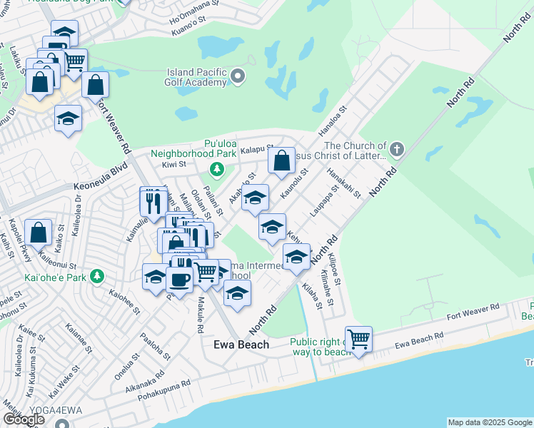 map of restaurants, bars, coffee shops, grocery stores, and more near 91-1106 Kaunolu Street in Ewa Beach