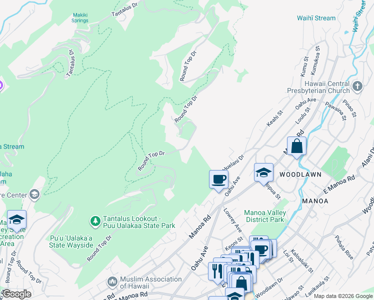 map of restaurants, bars, coffee shops, grocery stores, and more near 3707 Round Top Drive in Honolulu