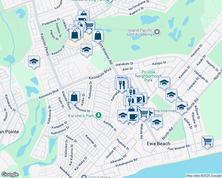 map of restaurants, bars, coffee shops, grocery stores, and more near 91-1037 Kaiheenalu Street in Ewa Beach