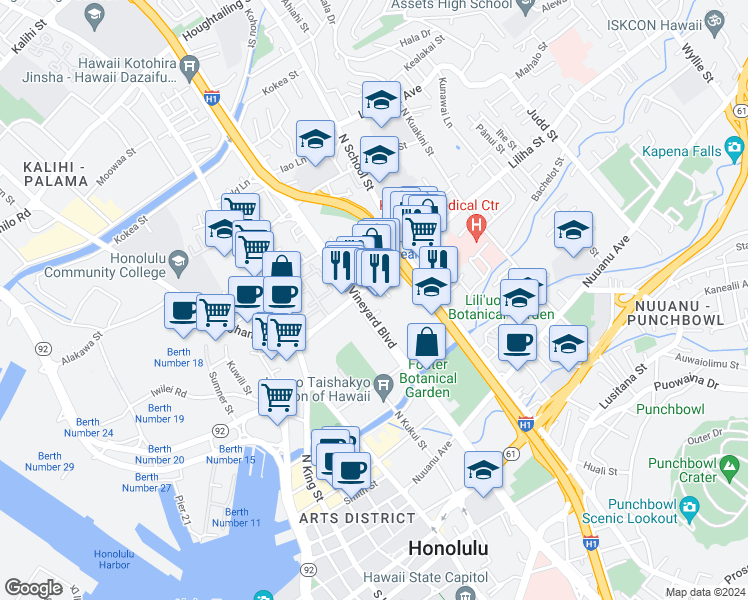 map of restaurants, bars, coffee shops, grocery stores, and more near 1409 Liliha Street in Honolulu