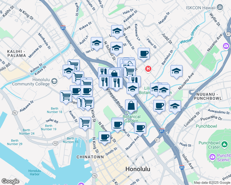 map of restaurants, bars, coffee shops, grocery stores, and more near 1409 Liliha Street in Honolulu