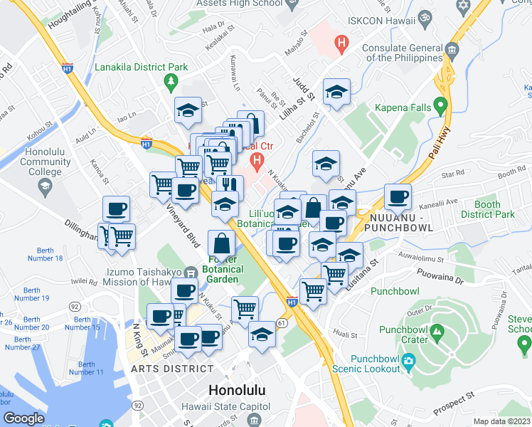 map of restaurants, bars, coffee shops, grocery stores, and more near 1625 Stillman Lane in Honolulu
