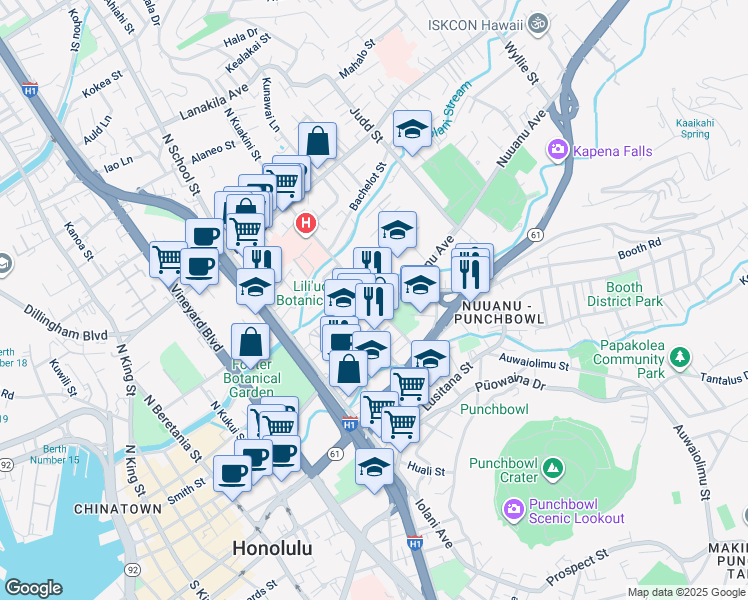 map of restaurants, bars, coffee shops, grocery stores, and more near 1742 Nuuanu Avenue in Honolulu