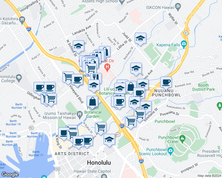 map of restaurants, bars, coffee shops, grocery stores, and more near 1625 Stillman Lane in Honolulu