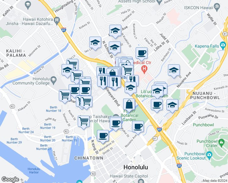map of restaurants, bars, coffee shops, grocery stores, and more near 1409 Liliha Street in Honolulu
