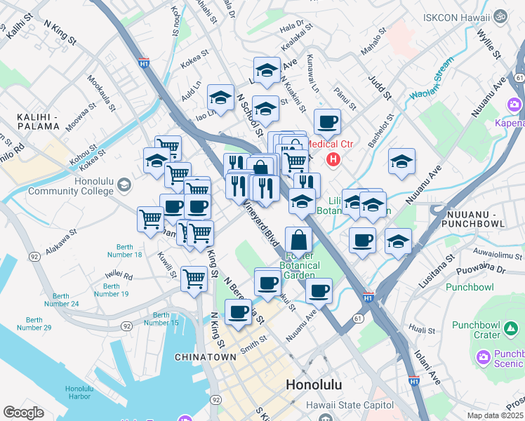 map of restaurants, bars, coffee shops, grocery stores, and more near 1409 Liliha Street in Honolulu